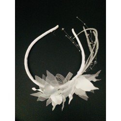 Unusual White Holy Communion Headband with Flowers and Feathers OW-406
