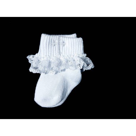 White Baby Girl Christening Socks with Cross and Lace Frill