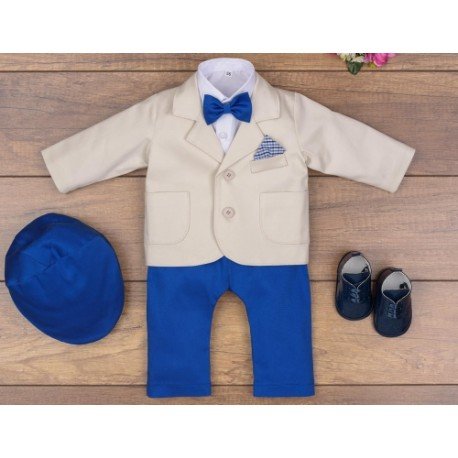 5 Pcs Christening Suit& Jacket Casper II Beige /Royal Blue
