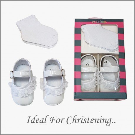 White Baby Girl Christening Shoes&Socks Set Style BB112