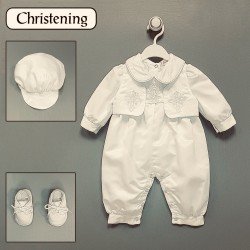 IVORY BABY BOY CHRISTENING ROMPER & SHOES & HAT STYLE 261046