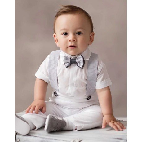 White/Gray 3 Pieces Baby Boy Christening Outfit
