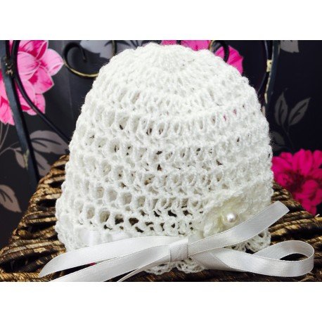 White Baby Girl Handmade/Crochet Hat with Flower